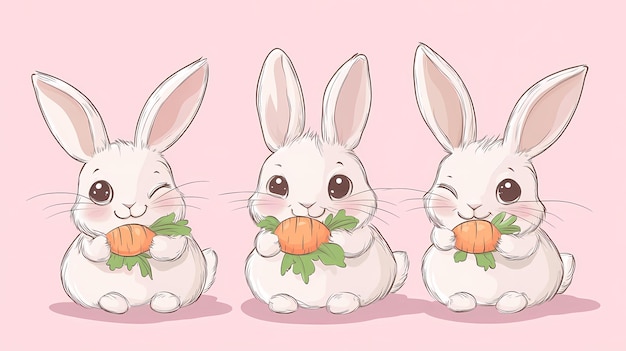 Photo three cute rabbits holding carrots against a pink background