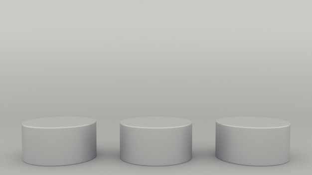 Three cylindrical podiums gray scene minimal 3d rendering modern minimalistic