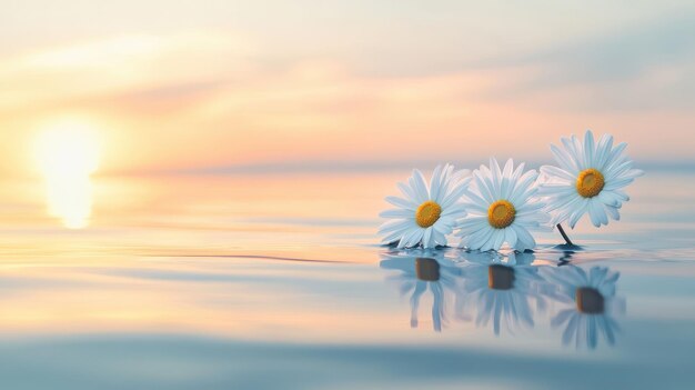 Photo three daisies float on calm water during a serene sunset