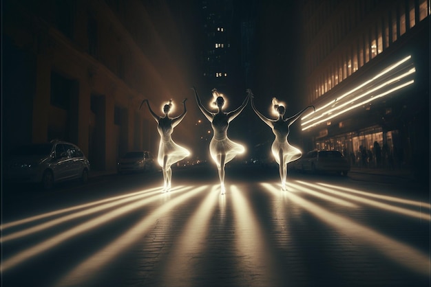 Three dancers in white dresses are dancing the street generative ai