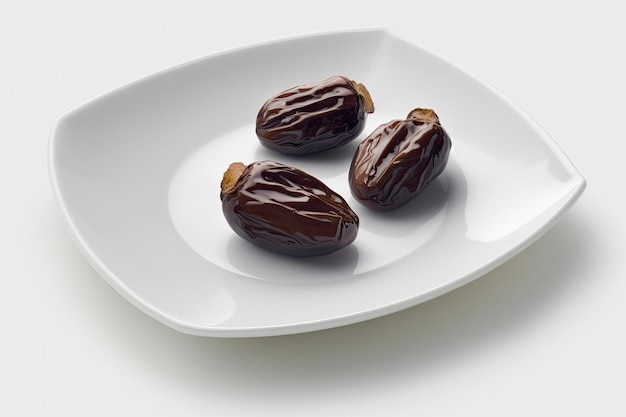 Three dates on a plate on a white surface