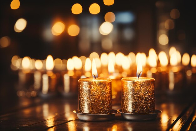 three decorated candlesticks with burning candles concept for the holiday of Hanukkah