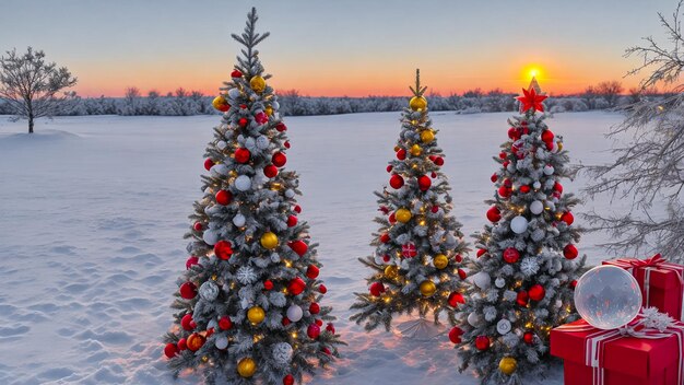 Three decorated Christmas trees with Christmas toys against woods on Christmas Eve generated AI