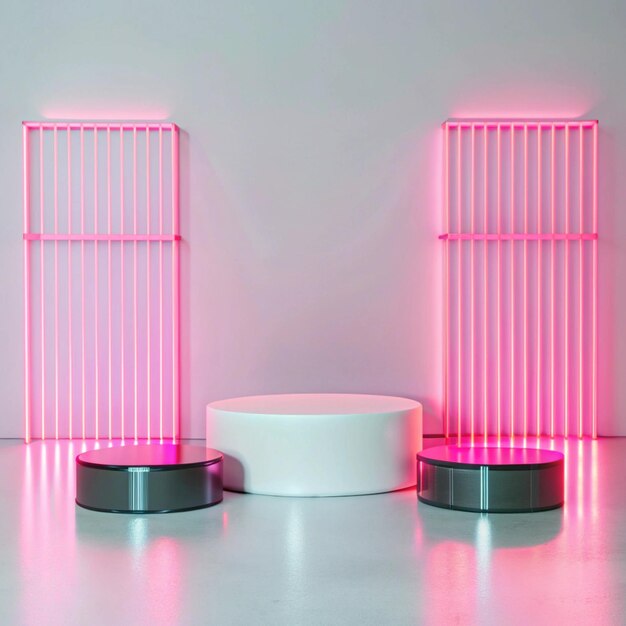 Photo three decorative pillars with pink and green lights on them