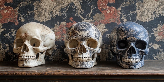 Photo three decorative skulls displayed against an ornate background