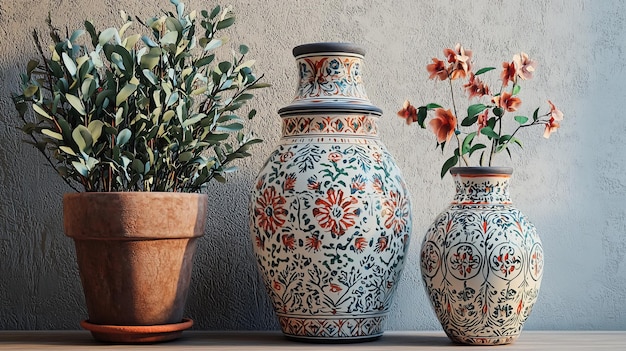 Photo three decorative vases with flowers on a wooden surface