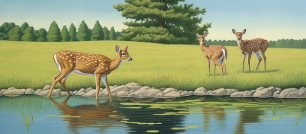 Three Deer by a Pond in a Green Meadow