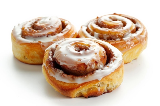 Three Delicious Cinnamon Rolls With Icing on White Surface