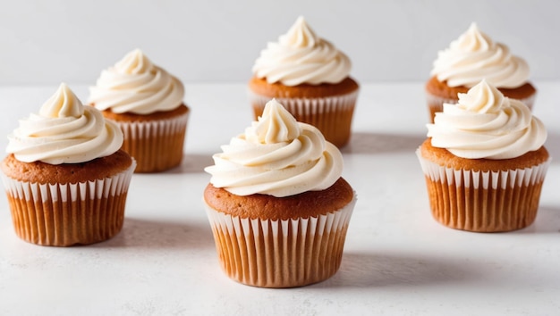 Three delicious cupcakes with swirled frosting on a white background