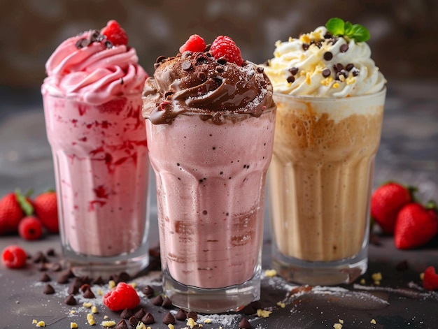 Three Delicious Milkshakes With Whipped Cream and Toppings