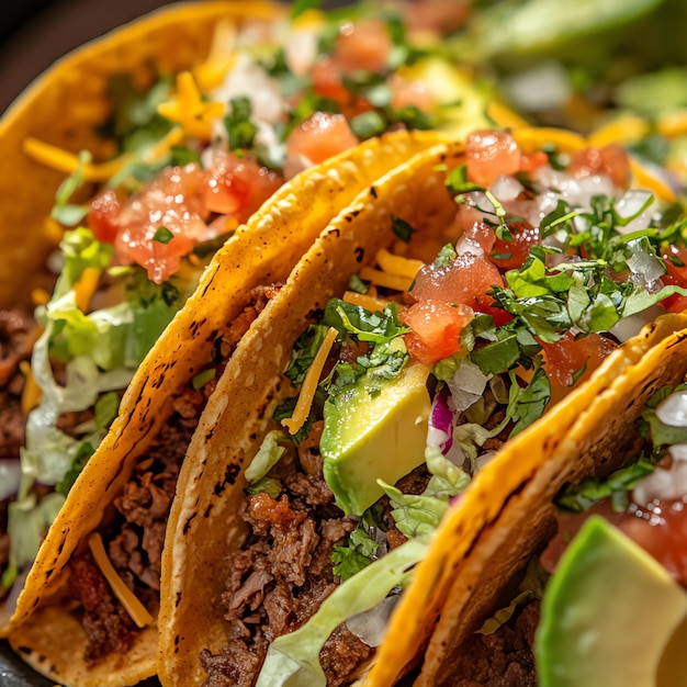 Three delicious tacos with beef avocado tomato onion and cilantro