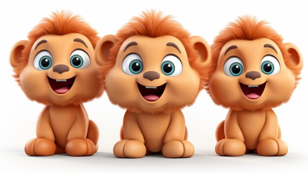 Photo three delightful 3d cartoon lions joyfully posing together isolated on a white background