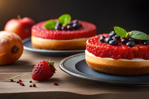 Three desserts on a table with a strawberry on the top