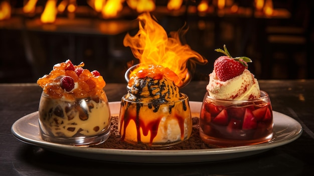 Three desserts with flames in the background