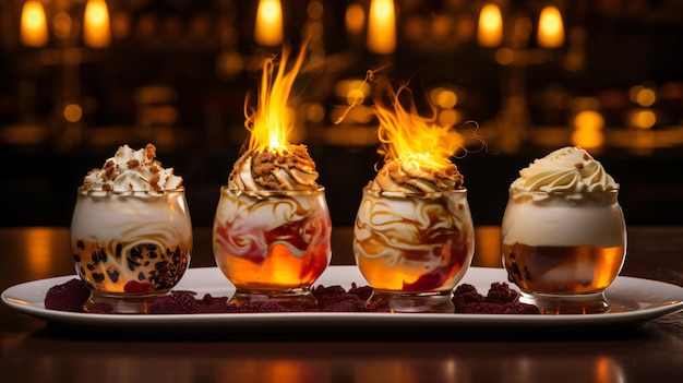 Three desserts with flames in the background