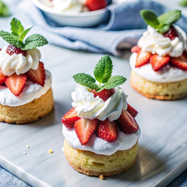 Photo three desserts with strawberries and cream on a table