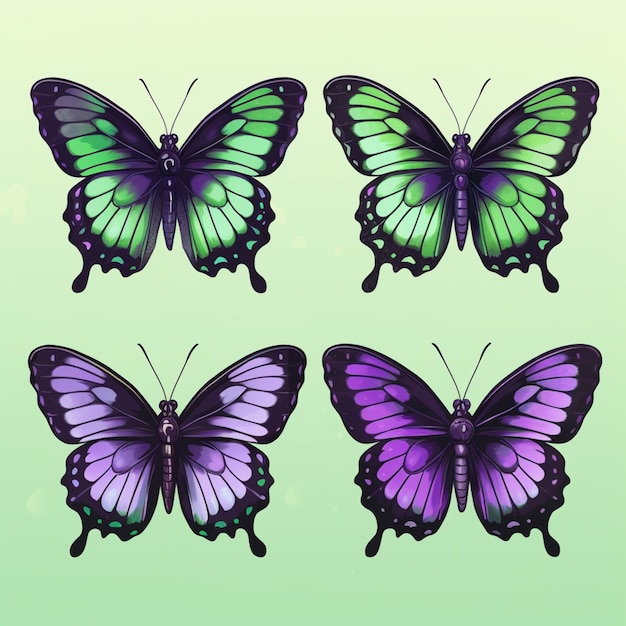 three different butterflies with different colors on them on a green background generative ai