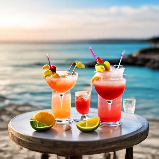 three different cocktails with limes and a drink on a table