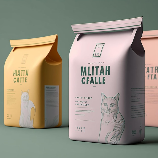 Three different colored bags of cat food with one that says mithi ahana caulca.