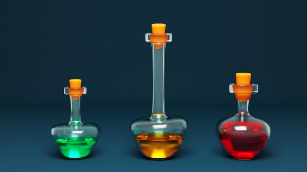 Three different colored bottles of liquid with one labeled red, green, and blue.