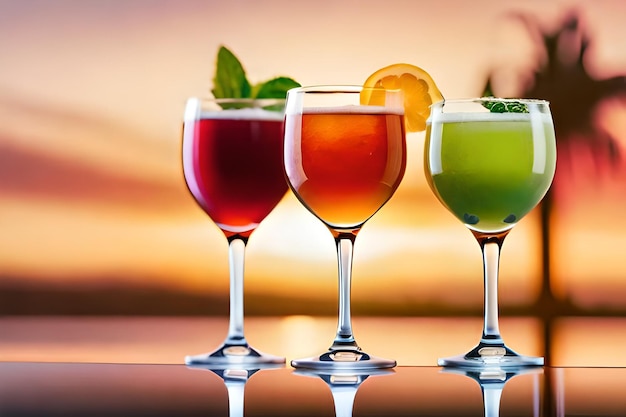 three different colored cocktails are lined up in four different shapes