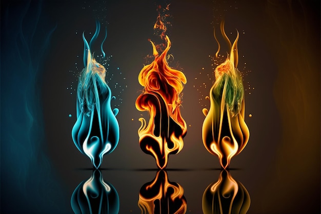 Three different colored fire flames on a black background generative ai