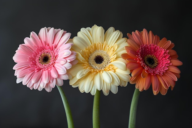 Photo three different colored flowers in a vase on a table top with a black background behind them with a