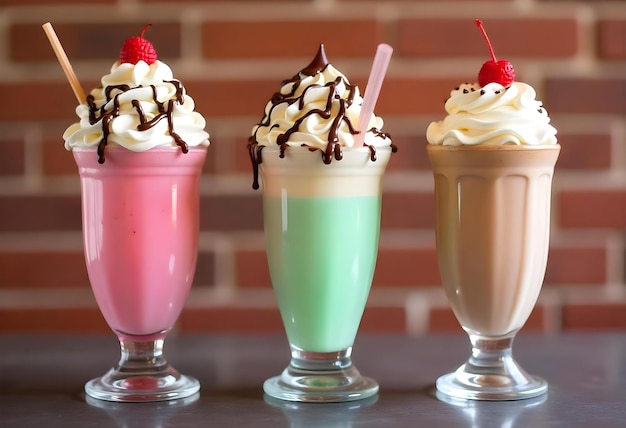 Photo three different colored ice creams are on a table one of which has the number 3 on it