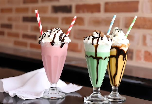 Photo three different colored ice creams are on a table one of which has the number 3 on it