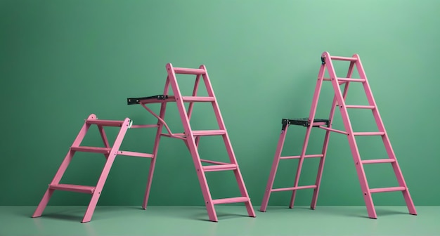 Photo three different colored ladders are shown against a green background