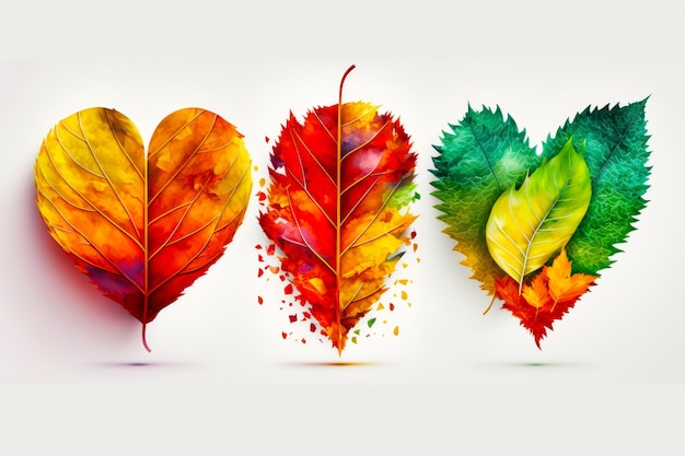 Three different colored leaves are arranged in the shape of heart and leaf shaped like heart Generative AI