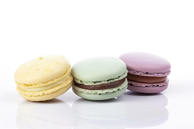 Three different colored macaroons sitting next to each other generative AI