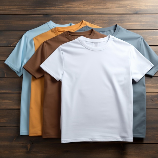 three different colored shirts on a wooden surface generative ai