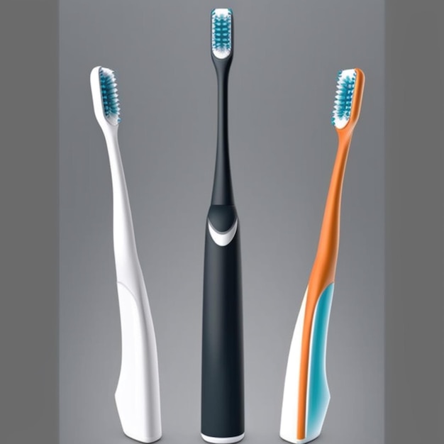 Three different colored toothbrushes with different shapes and colors generative ai