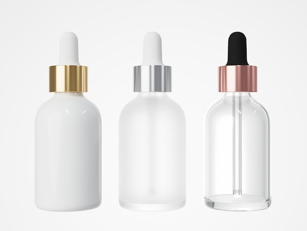 Three different cosmetic serum dropper bottles 3D render care product packaging