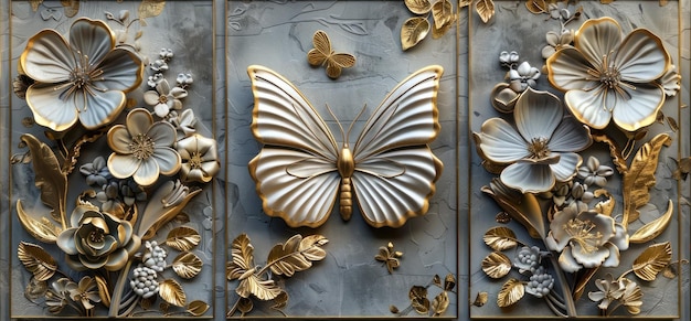 three different designs of decorative wall panels with butterfly and flowers in the center