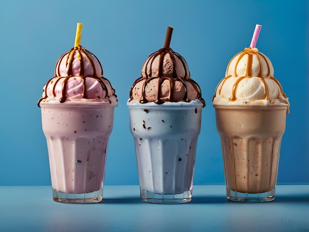 Photo three different ice cream milkshake with strawberries and chocolate on them