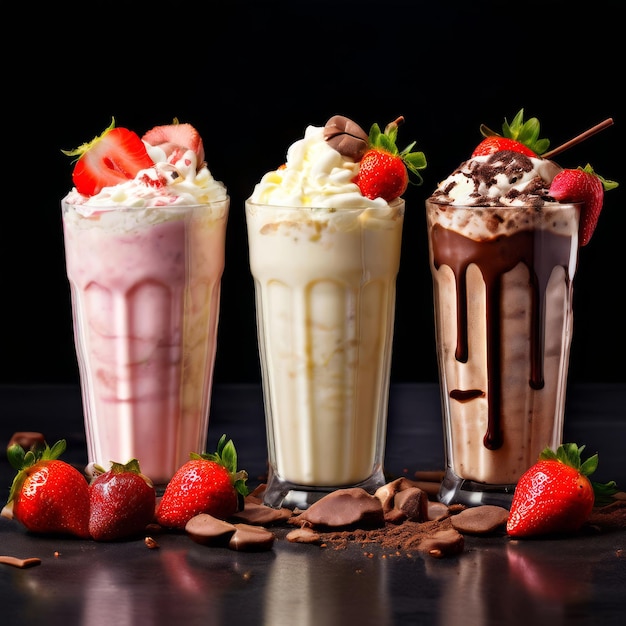 three different ice creams with strawberries and chocolate on a black table