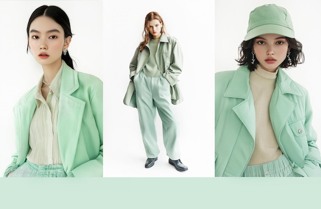 Photo three different pictures of a woman wearing a green jacket and a hat