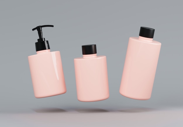 Photo three different pink plastic cosmetic product floating bottles set template on gray background d ren