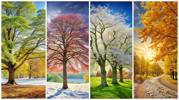 three different seasons of winter the seasons are on the trees