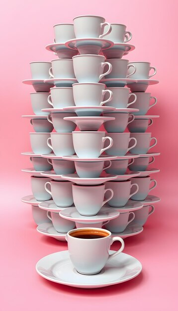 Photo three dimensional pattern of rows of coffee cups stacked on top of plates flat laid against pastel