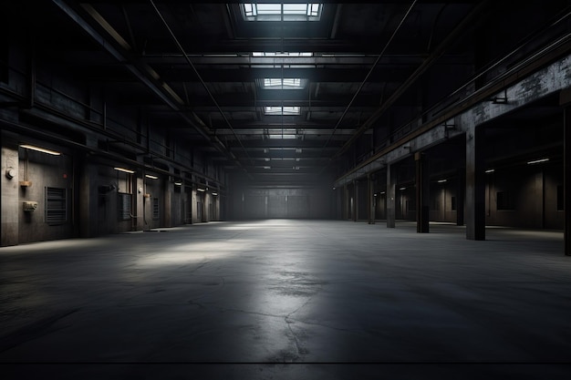 Three dimensional render of dark empty warehouse AI generated