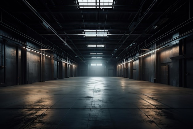 Three dimensional render of dark empty warehouse AI generated