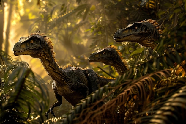 Three dinosaurs are walking through a jungle