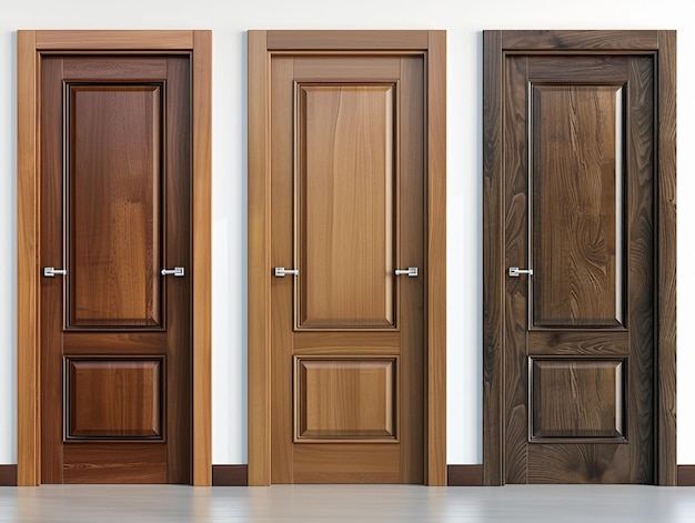 Photo three distinct wooden interior doors displayed in a bright room setting