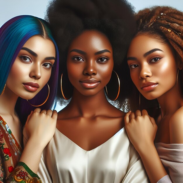 Three diverse women confidently pose together showcasing unity in diversity with their distinct