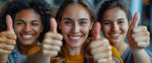 Photo three diverse young women give thumbs up with big smiles