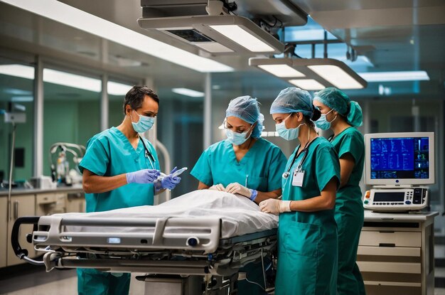 Photo three doctors are in a hospital and one of them is wearing a mask