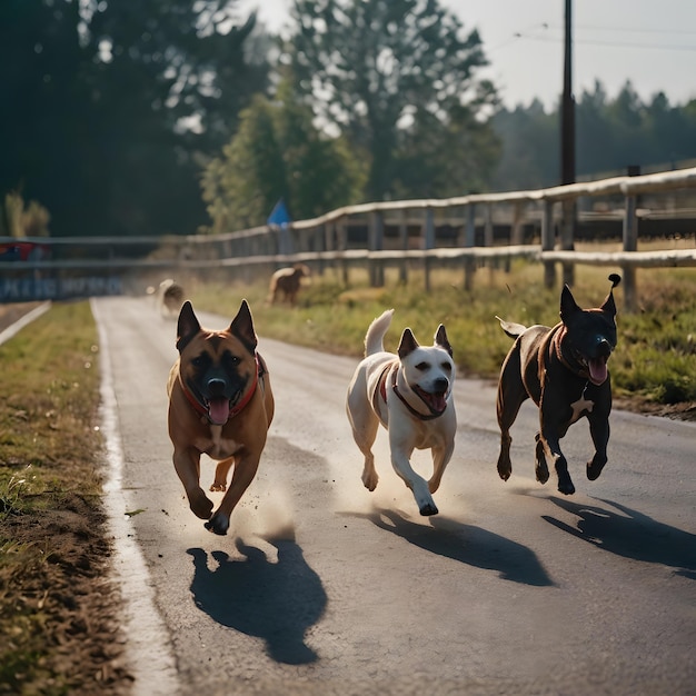 Photo three dogs are running down a road with a sign that says quot the dog is on the side of it quot